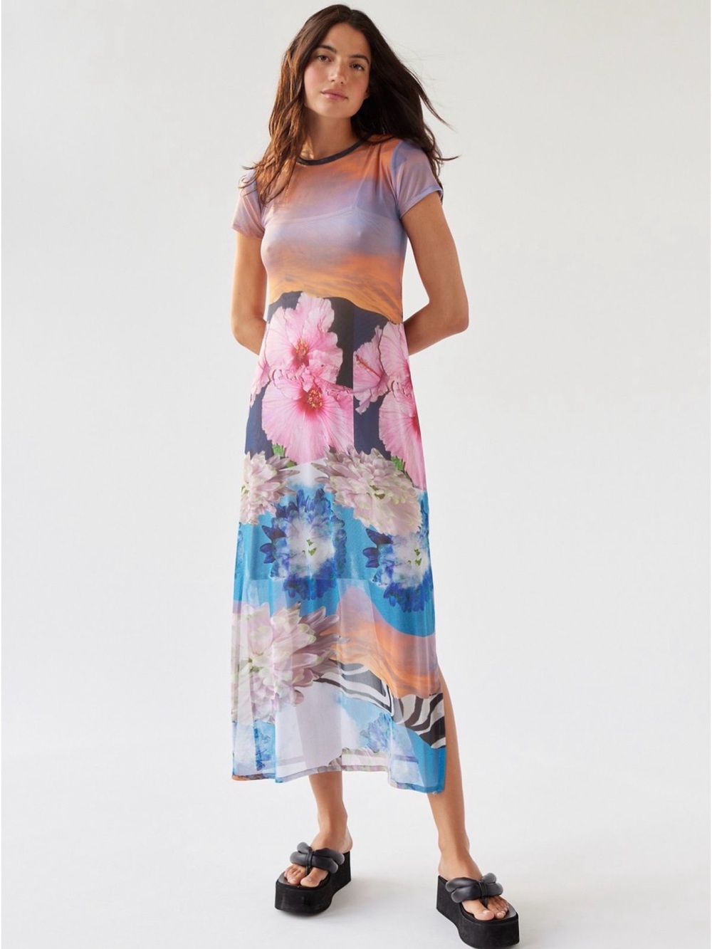 Floral Gradient Short-Sleeve Maxi Dress - Pink, Blue, Orange